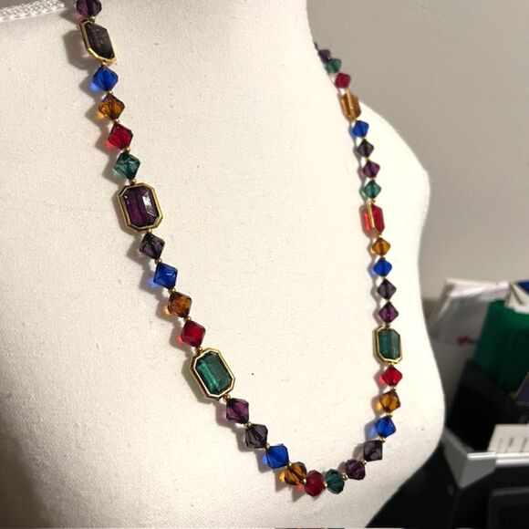 Multicolored Green Red Blue Faceted Gemstone Gold Tone Spacer Long Necklace - Picture 2 of 7